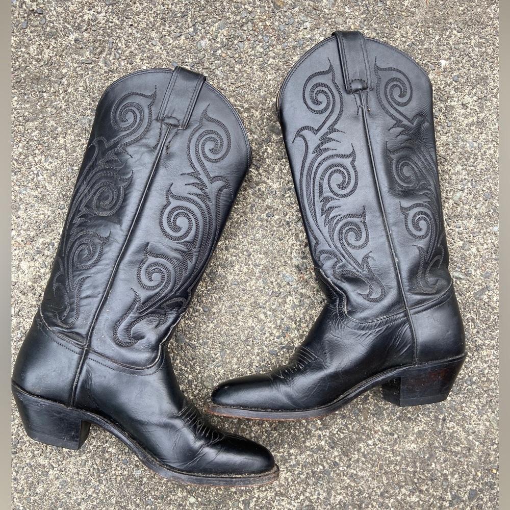 Tony Lama Black Leather Western Heeled Boots - Picture 6 of 15